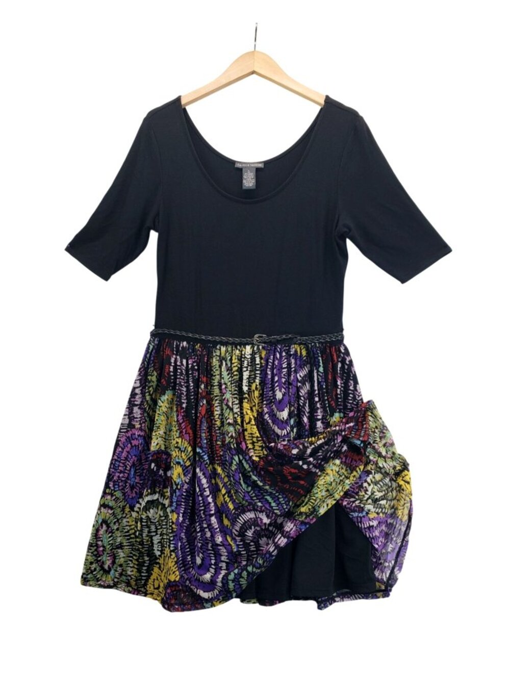Fit & Flare Scope-Neck Dress L Chelsea & Theodore Black Top Multi Color Skirt